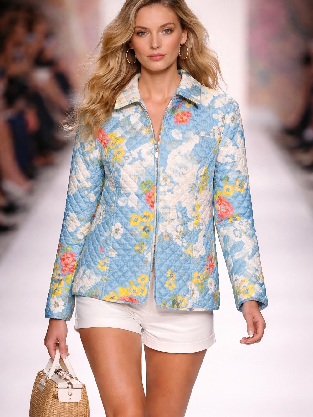 Quilted Floral Zip-Front Jacket - Light Blue